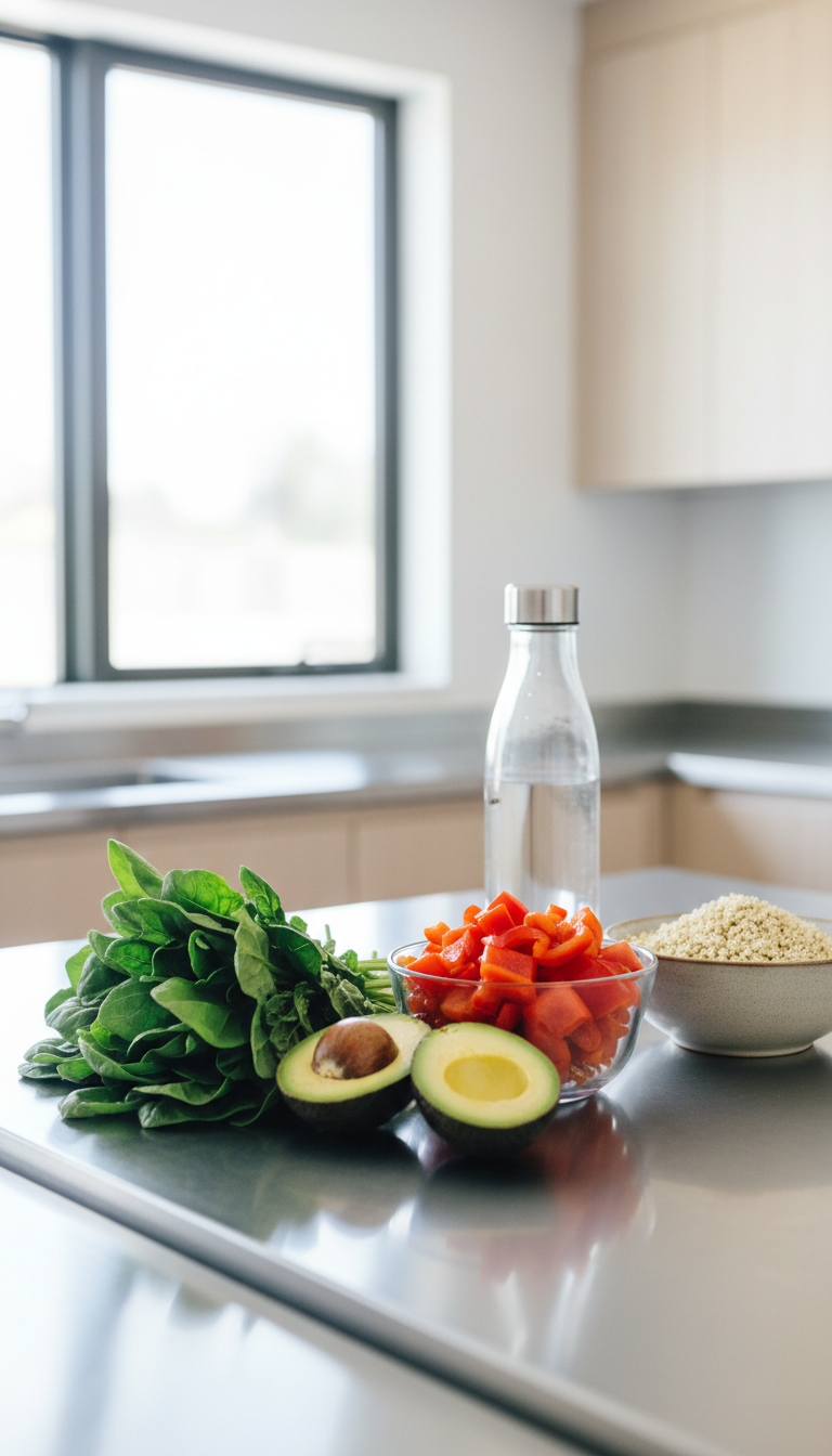 An arrangement of vibrant, fresh produce meticulously organized on a gleaming stainless steel countertop in a contemporary kitchen. Crisp spinach, ripe avocados, bright red bell peppers, and a bowl of quinoa are included, along with a sleek glass water bottle. The scene is illuminated by diffused daylight from a large window, casting subtle reflections and enhancing the vivid colors of the ingredients. The background is softly blurred to emphasize the nutritious focus. Captured from an eye-level angle with a minimalist, photographic realism, this composition conveys a sense of health and precision that supports personalized nutrition planning for elite athletes.